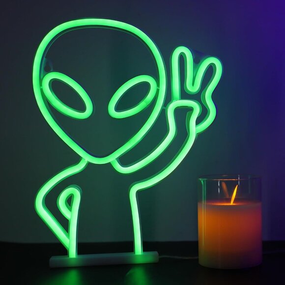 Green Alien Neon Sign LED Wall Light USB Battery for Game Room Party Decor - Picture 9 of 9